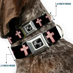 Dog Bone Seatbelt Buckle Collar - Cross Repeat Black/Leopard Brown/Pink Outline