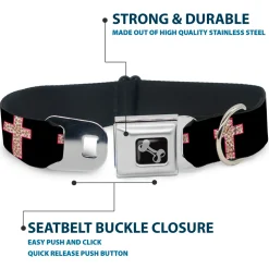 Dog Bone Seatbelt Buckle Collar - Cross Repeat Black/Leopard Brown/Pink Outline