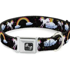 Dog Bone Seatbelt Buckle Collar - Unicorns/Rainbows/Stars Black