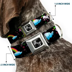 Dog Bone Seatbelt Buckle Collar - Unicorns/Rainbows/Stars Black