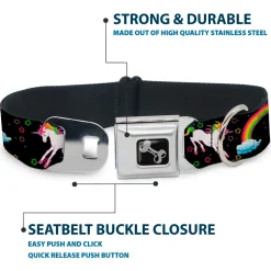 Dog Bone Seatbelt Buckle Collar - Unicorns/Rainbows/Stars Black