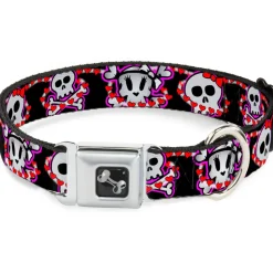 Dog Bone Seatbelt Buckle Collar - Cute Skulls w/Hearts