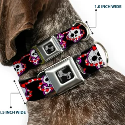 Dog Bone Seatbelt Buckle Collar - Cute Skulls w/Hearts
