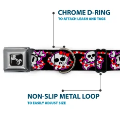 Dog Bone Seatbelt Buckle Collar - Cute Skulls w/Hearts