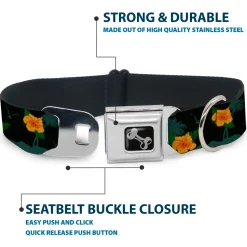 Dog Bone Seatbelt Buckle Collar - Hibiscus Flowers Black/Green/Orange