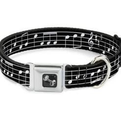 Dog Bone Seatbelt Buckle Collar - Music Notes Black/White