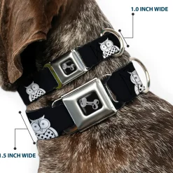 Dog Bone Seatbelt Buckle Collar - Owls Black/White1