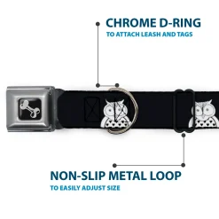 Dog Bone Seatbelt Buckle Collar - Owls Black/White1