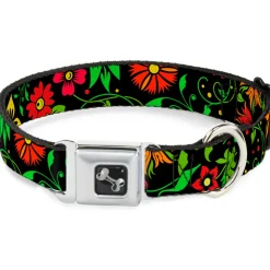 Dog Bone Seatbelt Buckle Collar - Floral Collage2 Black/Red/Orange/Green