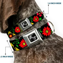 Dog Bone Seatbelt Buckle Collar - Floral Collage2 Black/Red/Orange/Green