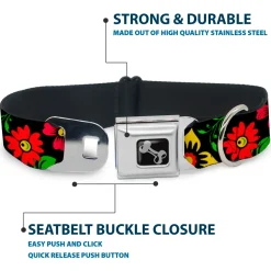 Dog Bone Seatbelt Buckle Collar - Floral Collage2 Black/Red/Orange/Green