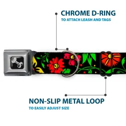 Dog Bone Seatbelt Buckle Collar - Floral Collage2 Black/Red/Orange/Green