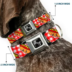 Dog Bone Seatbelt Buckle Collar - Hot Dogs Buffalo Plaid White/Red