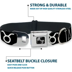 Dog Bone Seatbelt Buckle Collar - Zodiac TAURUS/Symbol Black/White