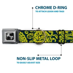 Dog Bone Seatbelt Buckle Collar - Bandana/Skulls Green/Gold