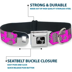 Dog Bone Seatbelt Buckle Collar - Eighties Hearts Fuchsia/Black/White