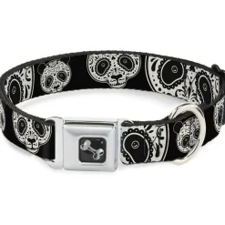 Dog Bone Seatbelt Buckle Collar - Panda Bear Sugar Skull Black/White