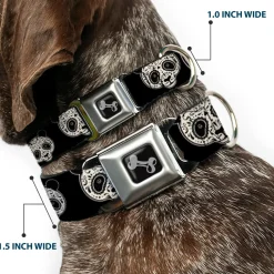 Dog Bone Seatbelt Buckle Collar - Panda Bear Sugar Skull Black/White