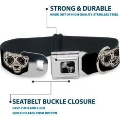 Dog Bone Seatbelt Buckle Collar - Panda Bear Sugar Skull Black/White