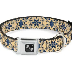 Dog Bone Seatbelt Buckle Collar - Floral Collage Tan/Blue