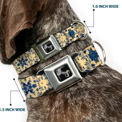 Dog Bone Seatbelt Buckle Collar - Floral Collage Tan/Blue