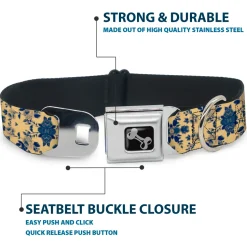 Dog Bone Seatbelt Buckle Collar - Floral Collage Tan/Blue