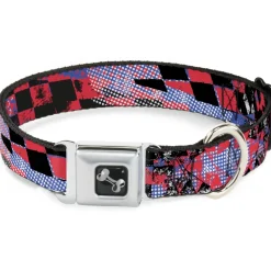 Dog Bone Seatbelt Buckle Collar - Grunge Checker Flag Blue/Red