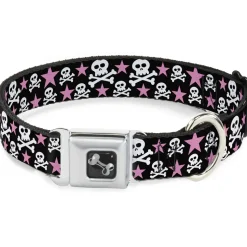 Dog Bone Seatbelt Buckle Collar - Skulls & Stars Black/White/Pink
