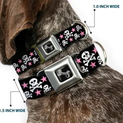 Dog Bone Seatbelt Buckle Collar - Skulls & Stars Black/White/Pink