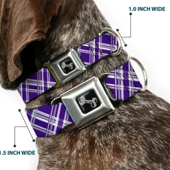 Dog Bone Seatbelt Buckle Collar - Plaid X3 Purple/Gray/White