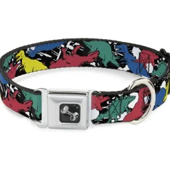 Dog Bone Seatbelt Buckle Collar - Dinosaurs/Paint Splatter Black/White/Multi Color