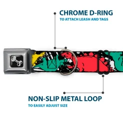 Dog Bone Seatbelt Buckle Collar - Dinosaurs/Paint Splatter Black/White/Multi Color
