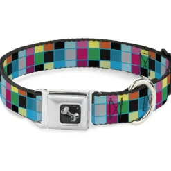 Dog Bone Seatbelt Buckle Collar - Checker Bright Pastel w/Outline