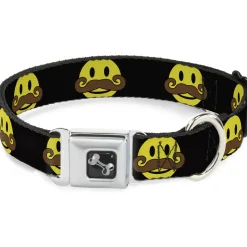 Dog Bone Seatbelt Buckle Collar - Mustache Happy Face Black/Yellow/Brown