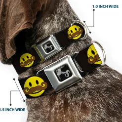 Dog Bone Seatbelt Buckle Collar - Mustache Happy Face Black/Yellow/Brown