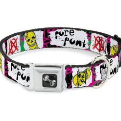 Dog Bone Seatbelt Buckle Collar - Pure Punk w/Safety Pins Black/Fuchsia/White