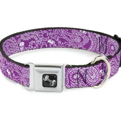 Dog Bone Seatbelt Buckle Collar - Bandana/Skulls Purple/White