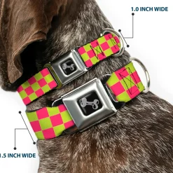 Dog Bone Seatbelt Buckle Collar - Checker Fluoresecent Pink/Yellow