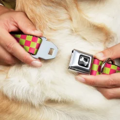 Dog Bone Seatbelt Buckle Collar - Checker Fluoresecent Pink/Yellow