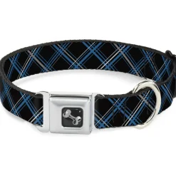 Dog Bone Seatbelt Buckle Collar - Plaid Black/Turquoise/Gray