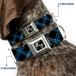 Dog Bone Seatbelt Buckle Collar - Plaid Black/Turquoise/Gray
