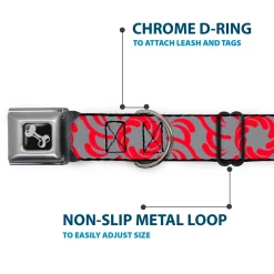 Dog Bone Seatbelt Buckle Collar - Floral Pinwheel CLOSE-UP Gray/Red