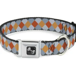 Dog Bone Seatbelt Buckle Collar - Diamond Plaid Grays/Orange