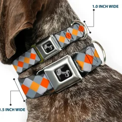Dog Bone Seatbelt Buckle Collar - Diamond Plaid Grays/Orange