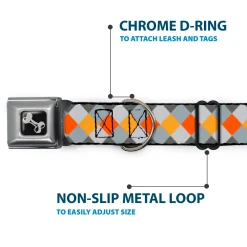 Dog Bone Seatbelt Buckle Collar - Diamond Plaid Grays/Orange