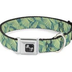 Dog Bone Seatbelt Buckle Collar - Palm Leaves Stacked Pastel Greens