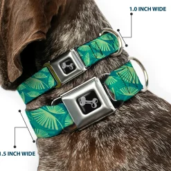 Dog Bone Seatbelt Buckle Collar - Palm Leaves Stacked Pastel Greens