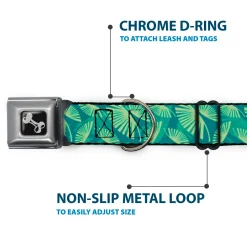Dog Bone Seatbelt Buckle Collar - Palm Leaves Stacked Pastel Greens