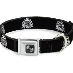 Dog Bone Seatbelt Buckle Collar - Native American Skull Black/White