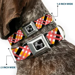 Dog Bone Seatbelt Buckle Collar - Plaid X White/Gold/Black/Pink